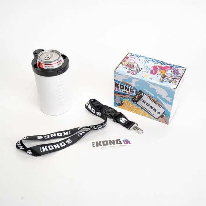 Kong Beer Bong. The drinkware, its illustrated retail box, lanyard and sticker shot together.