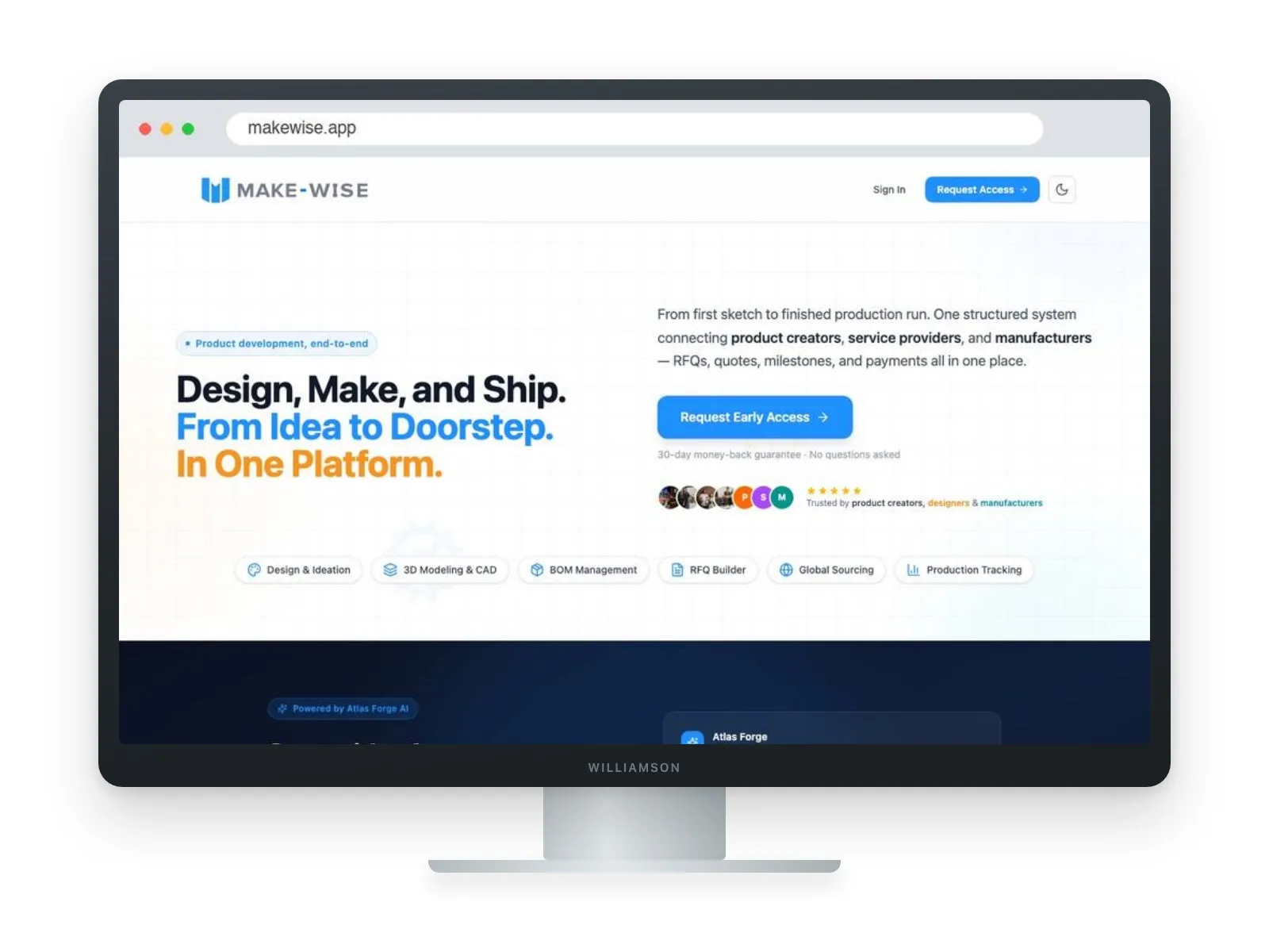 makewise.app shown on a desktop display: the platform landing page, design, make and ship in one system.